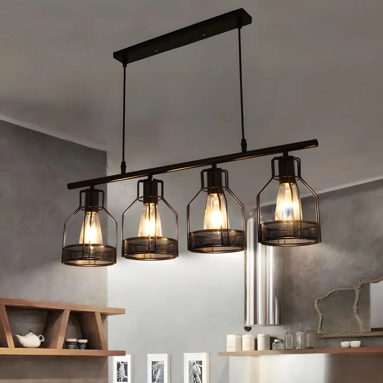 Industrial Black Metal Cage Large Island Pendant Light