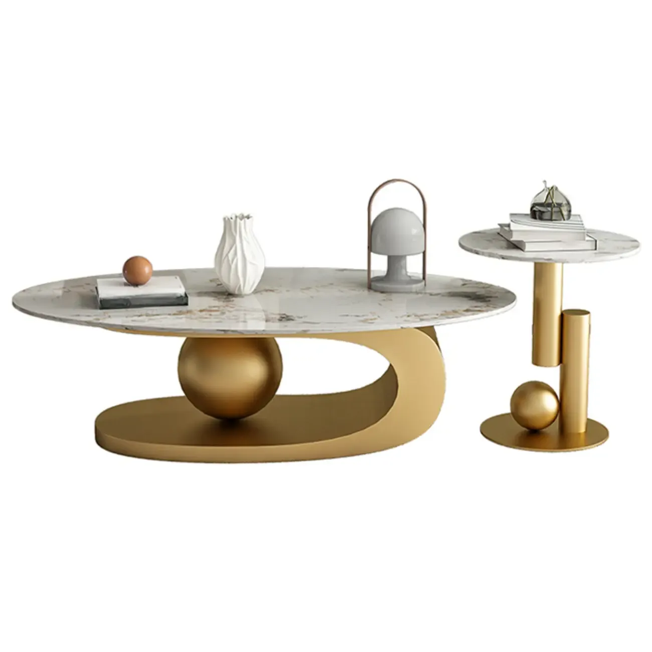 Modern Light Luxury White Oval Coffee Table with Metal Base