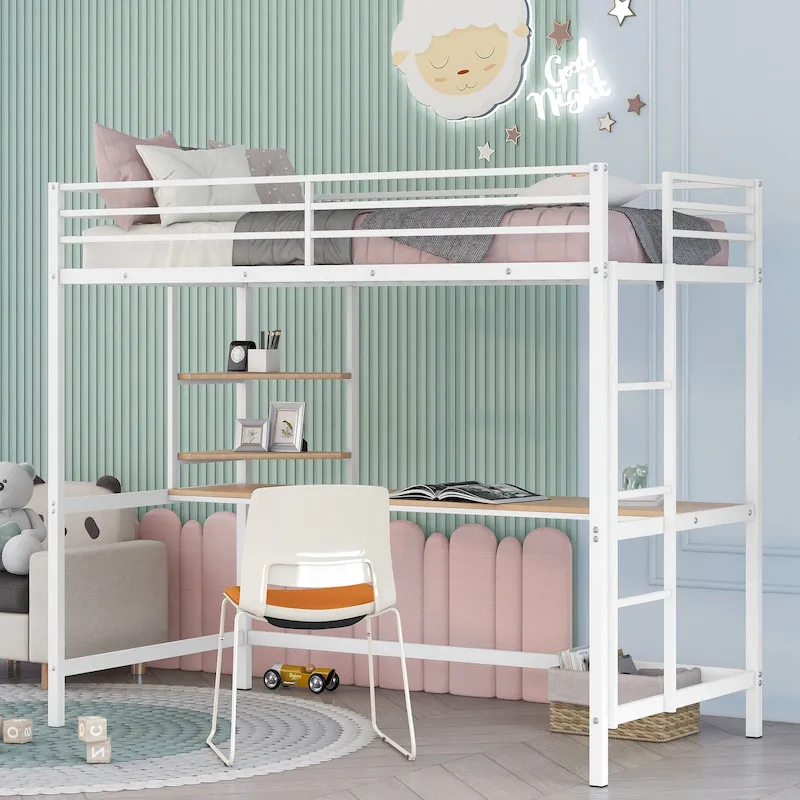 White Twin Size Metal Loft Bed with Desk, Ladder & Shelves | Kids & Teens