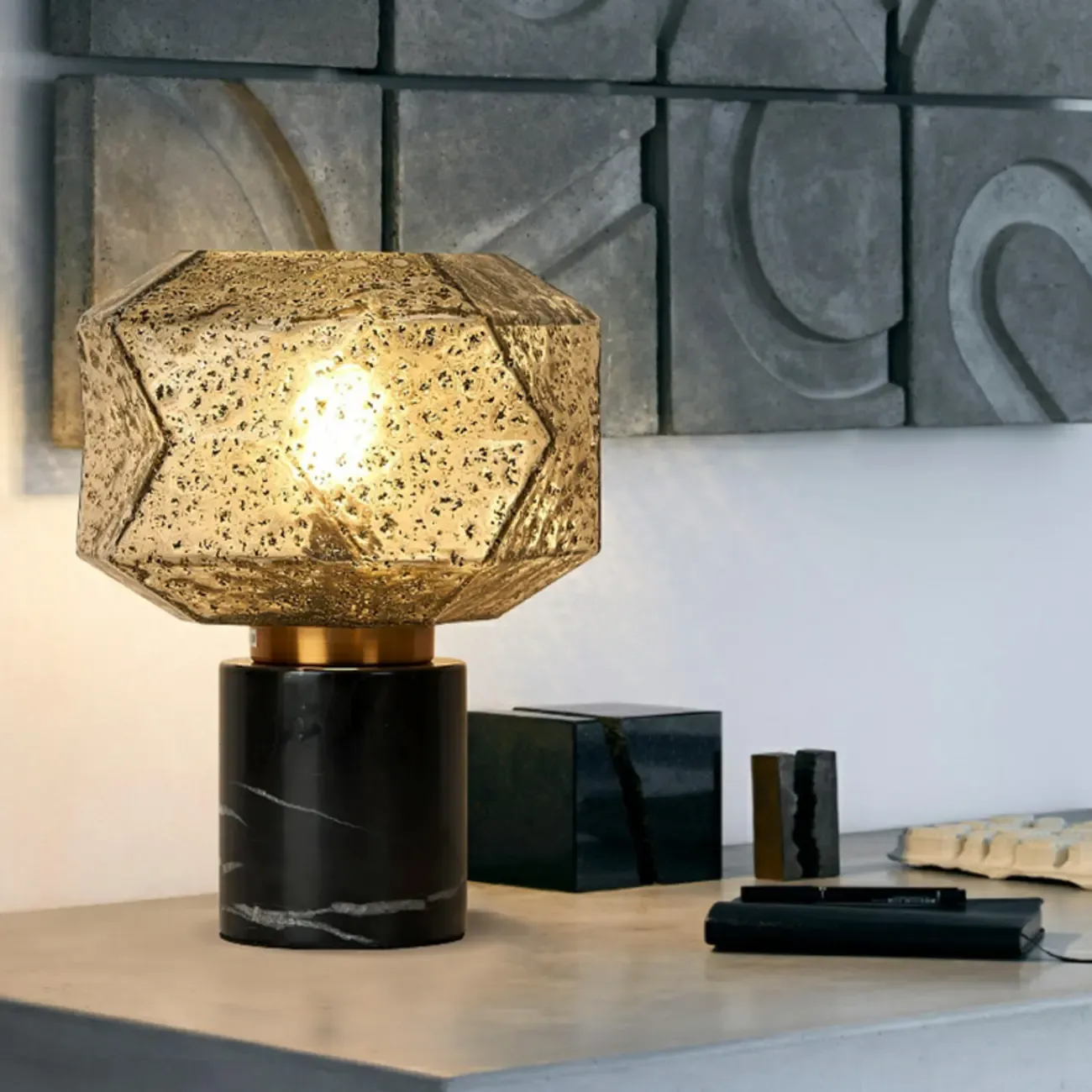 Geometric Caramel Glass Table Lamp for Living Room