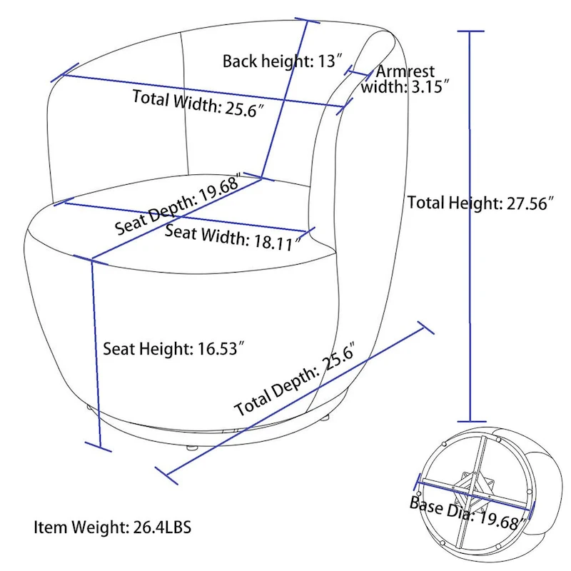 Swivel Accent Armchair Barrel Chair with Black Powder Coating, Blue