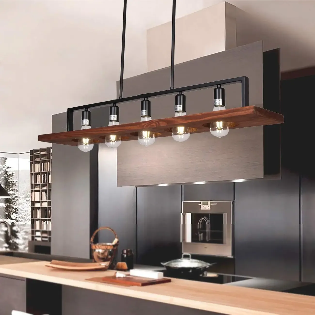 Industrial 5-Light Glass Black Pendant Light Kitchen Island