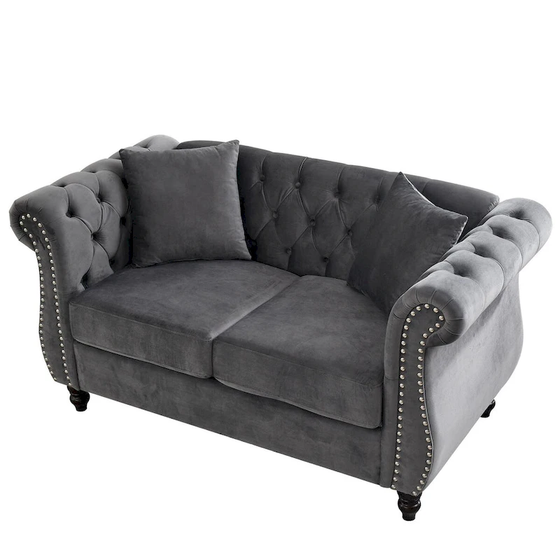 Velvet Chesterfield Loveseat Sofa, Rolled Arms, Nailhead Trim