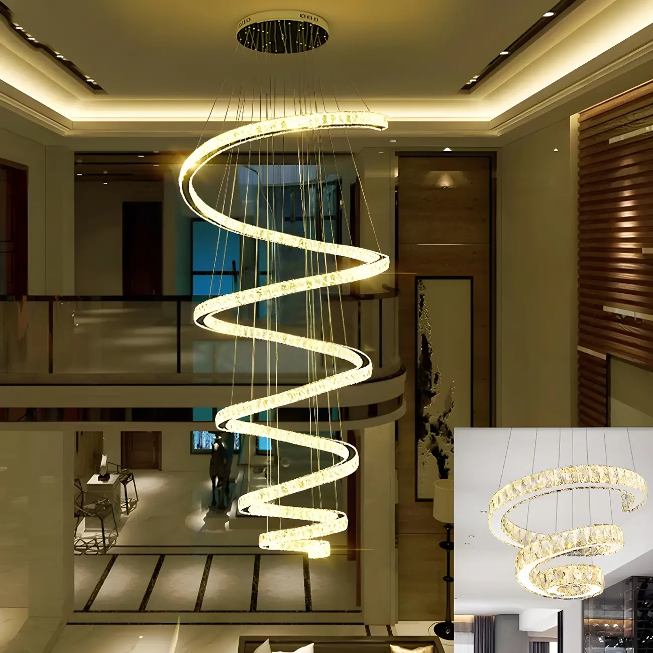 Large Modern Spiral LED Ceiling Crystal Chandelier Tiered Light