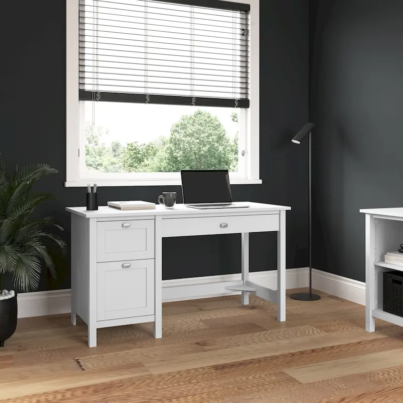 Pure White Computer Desk with Drawers, 1-Person