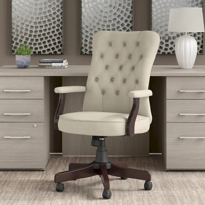 Cream / Antique White High Back Tufted Office Chair – Fabric & Leather, 1 Person