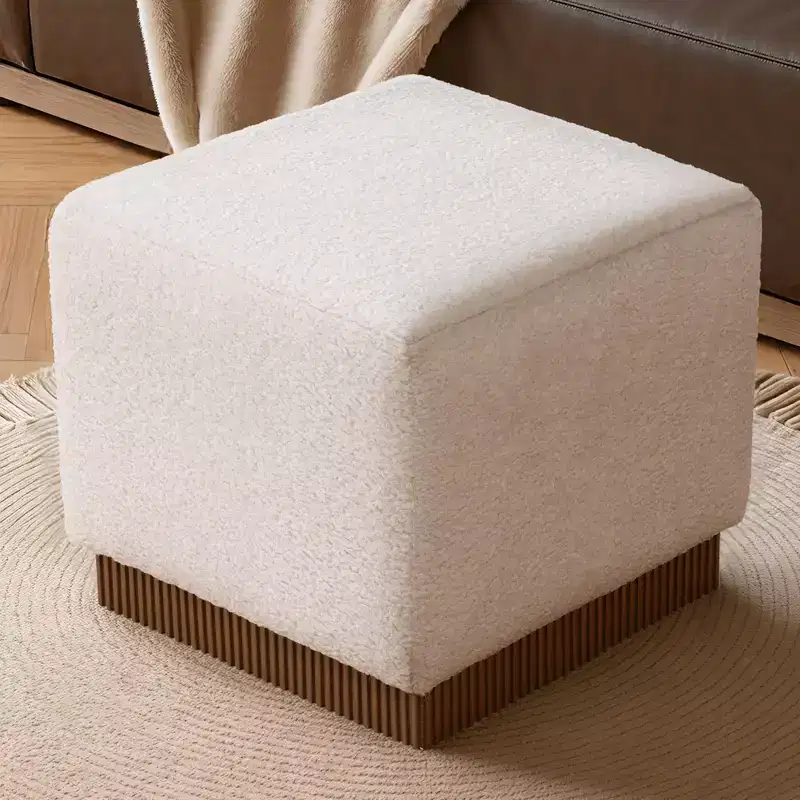 Bekrvio Cube Pouf Ottoman with Wood Grain Base, Lambswool/Leather Upholstered Footrest with Solid Acacia Wood Frame (500 lbs), Living Room Ottoman