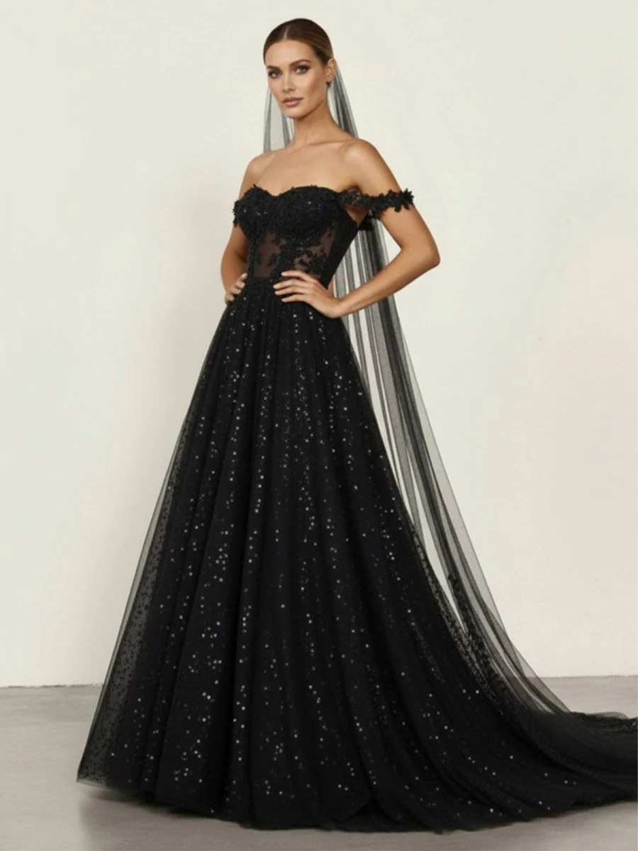 A-Line Black Gothic Wedding Dresses with Sequin Lace Appliques