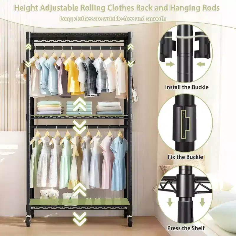 Okak Rolling Heavy Duty Coat Rack with 3 Tiers Adjustable Wire, Industrain Hall Tree with 2 Clothes Rails and Side Hooks for Bedroom, Black