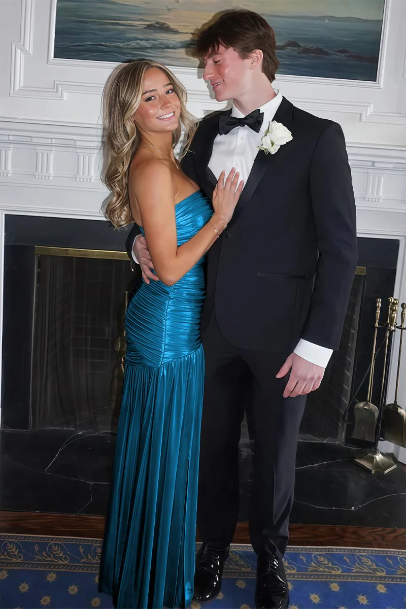 Champagne Mermaid Strapless Metallic Long Prom Dresses with Pleats