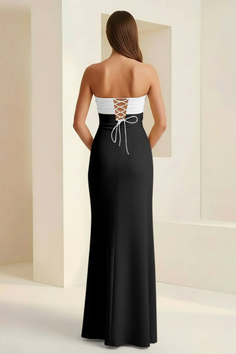 Black-White - Mermaid Strapless Satin Pleated Long Prom Dress with Slit