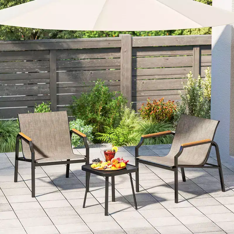 Costway 3 PCS Outdoor Chair Set Metal Frame Armchair & Table w/ Breathable Fabric Seat