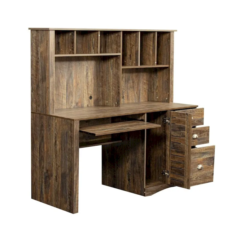Computer Desk with Hutch & 3 Drawers | Brown / White / Oak | 1-Person