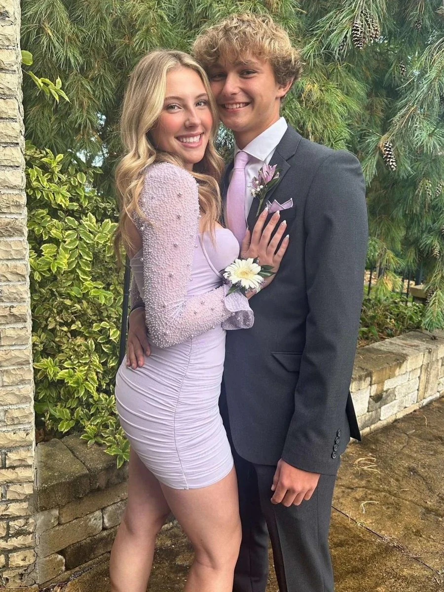 Lilac - Sweetheart Long Sleeves Bodycon Homecoming Dresses With Pearls