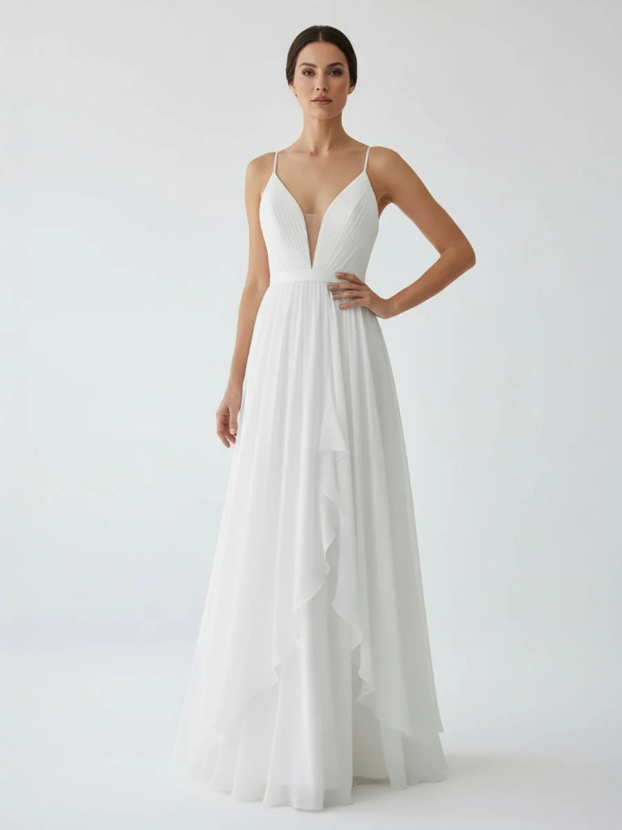 A-Line V Neck Straps Spaghetti Sheath Chiffon Wedding Dress