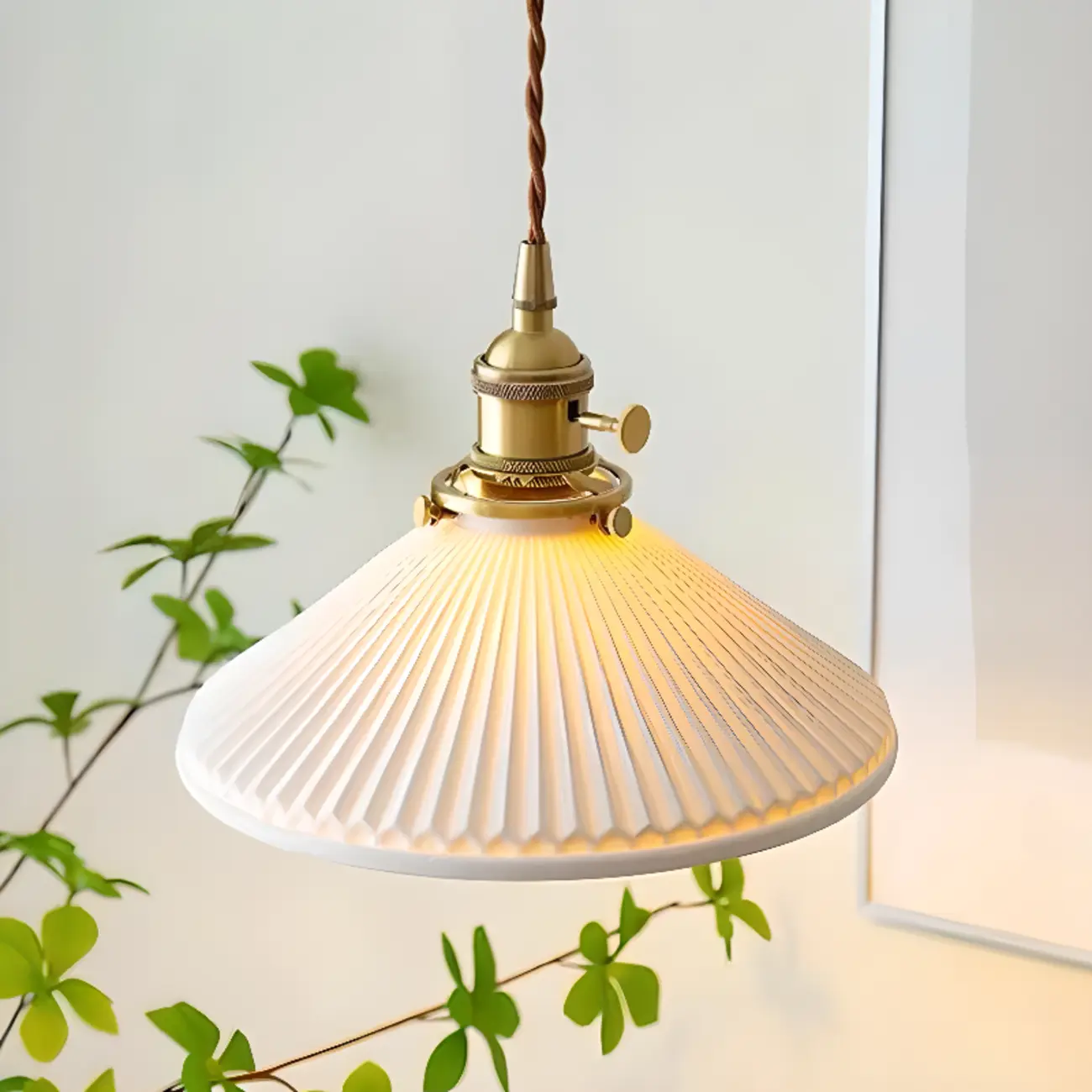 White Ceramics Pleated Cone Hanging Pendant Light