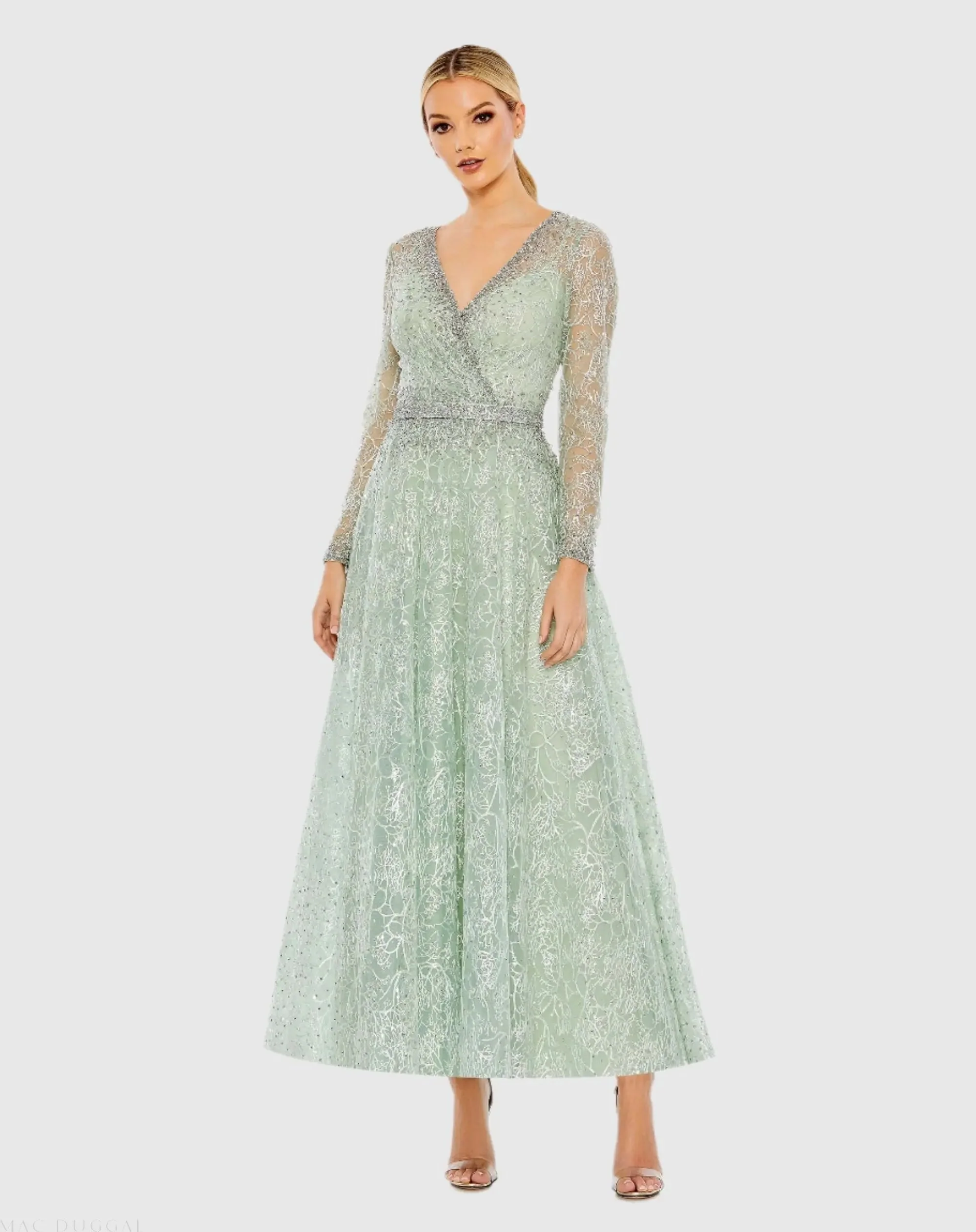 Green Embellished Wrap Over Long Sleeve Midi Dress