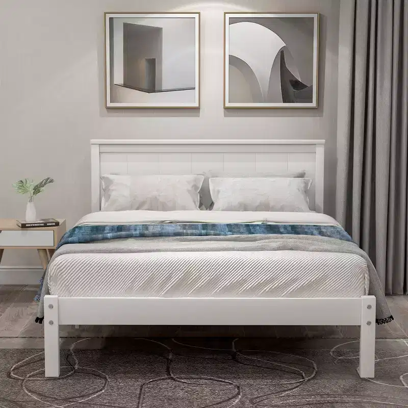 FAMYYT Twin Size Platform Bed With Headboard, Easy Assembly, White