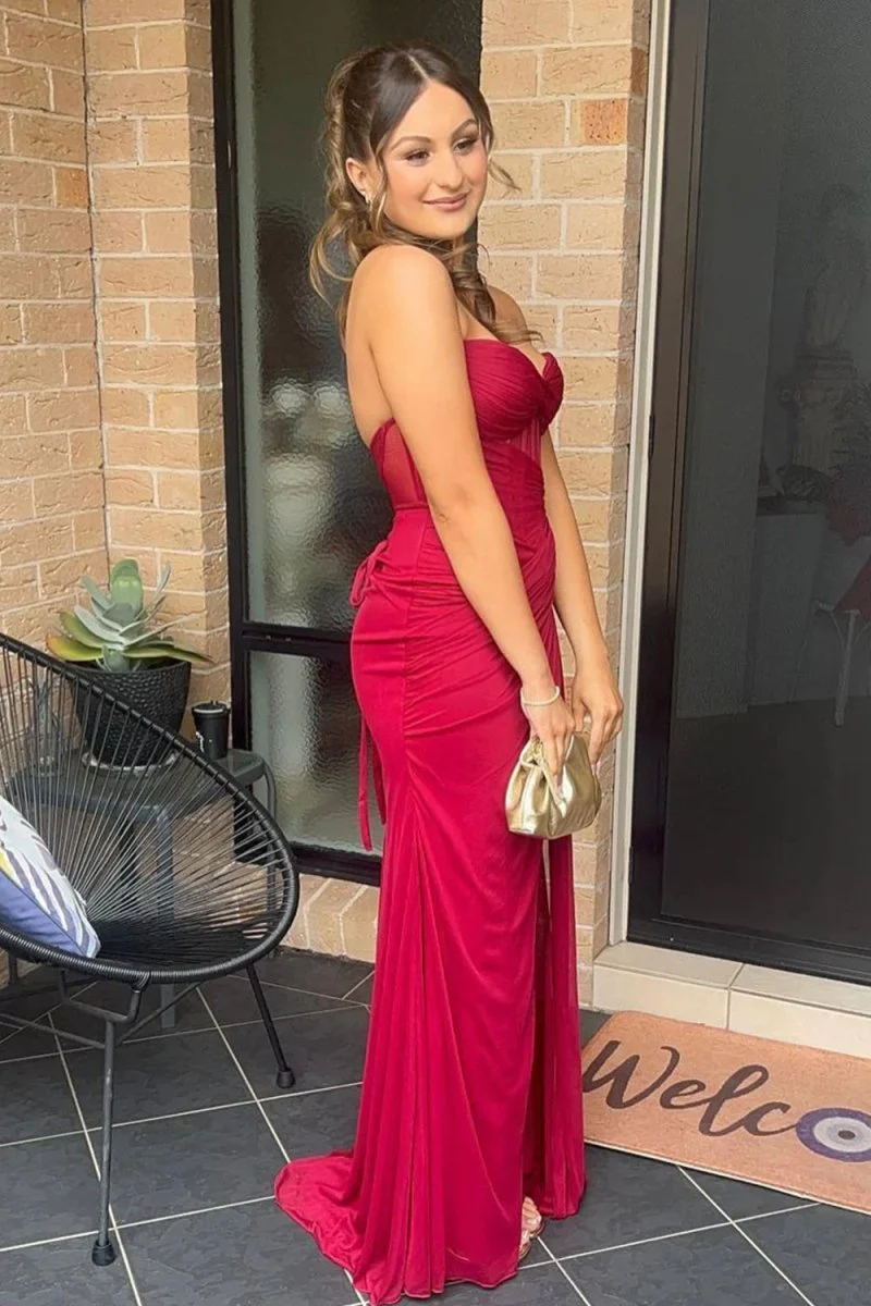 Yellow Strapless Sheath Pleated Long Prom Dresses With Slit