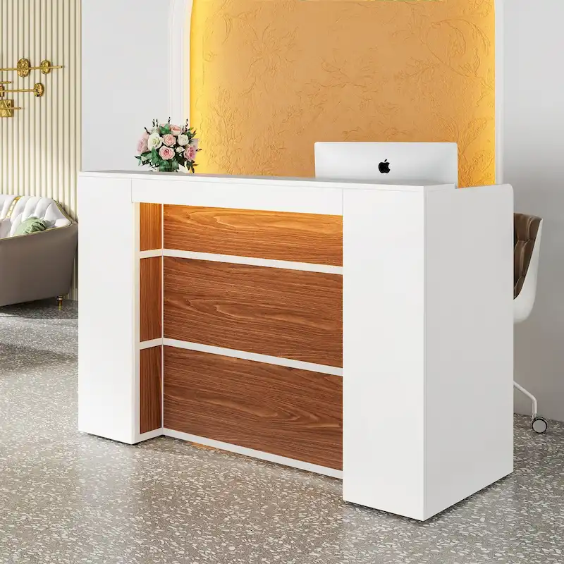 63-Inch White/Black Walnut LED Reception Desk with Privacy Panel, 1-Person