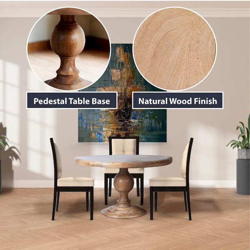 48 Round Dining Table, Antique Natural Mango Wood Pedestal Base