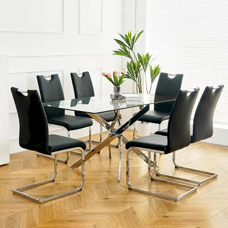 Set of 6,Dining Chairs with Faux Leather Padded Seat Upholstered with Chrome Metal Legs Side Chairs
