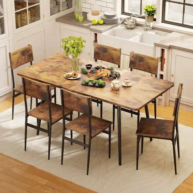 7 Piece Industrial Dining Table Set for Kitchen with 6 Chairs Longboard Backrest