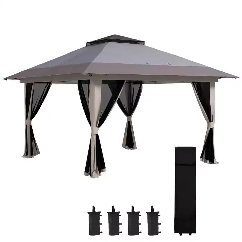 Outsunny 13' x 13' Pop Up Canopy, Gazebo Tent with Netting, Weight Bags, Adjustable Height & Wheeled Carry Bag