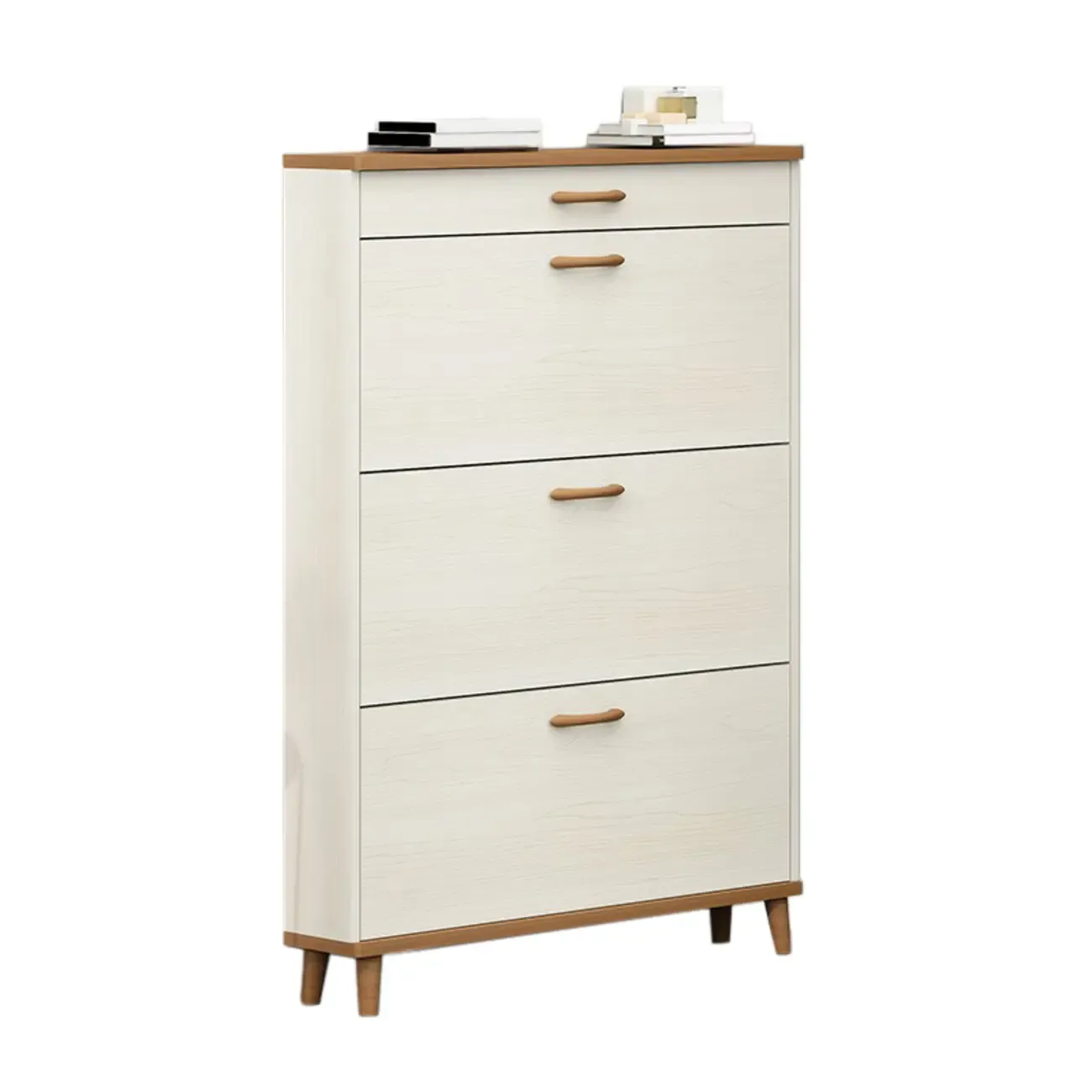 Narrow Beige Solid Wood Drop Front Shoe Cabinet