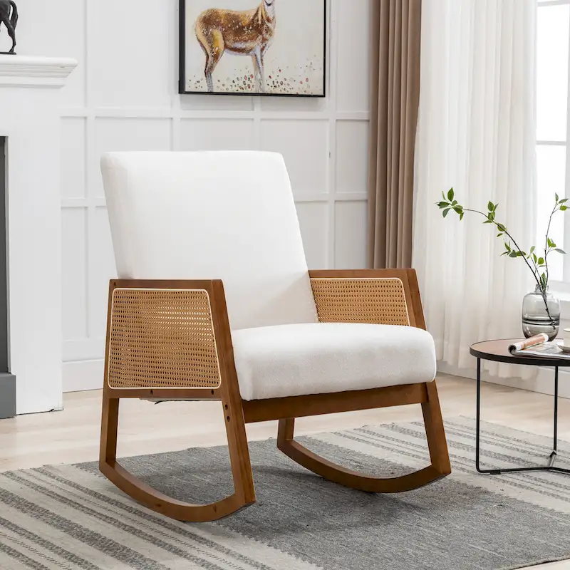 SEYNAR Modern PU Leather Rocking Chair with Rattan Arms