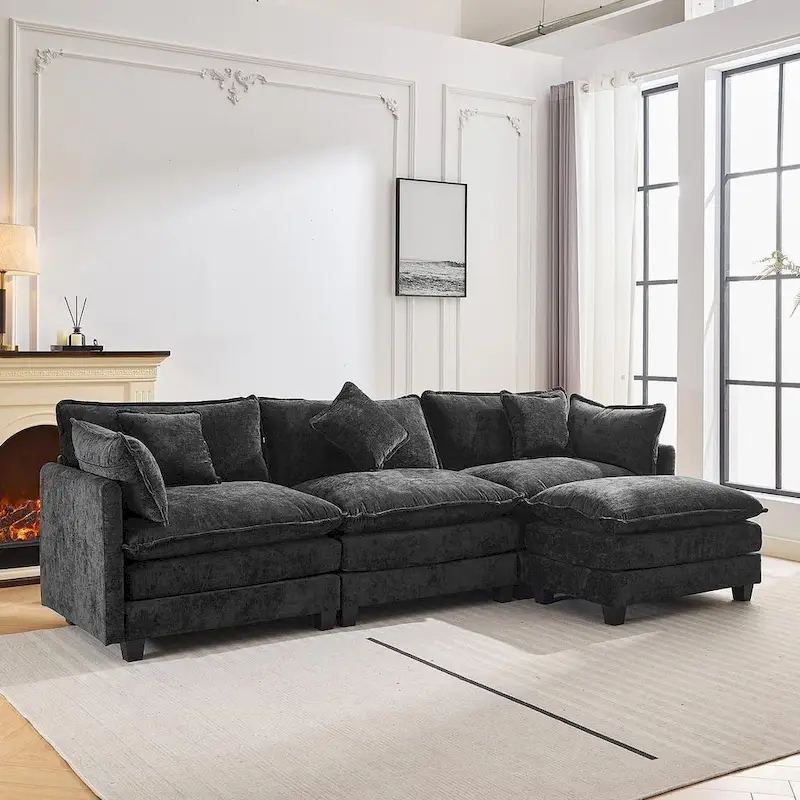 112 Modern L-Shape Chenille Upholstered Sofa with 5 Pillows