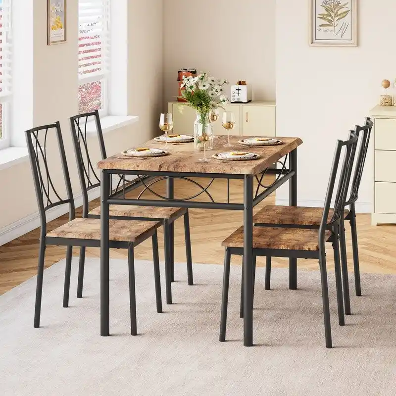 Brown Dining Table Set for 4, Industrial Style, MDF & Steel Frame
