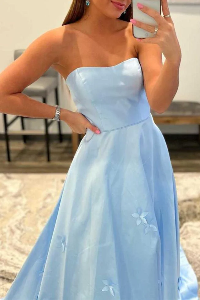 3D Flower Sky Blue Strapless A-Line Prom Dress