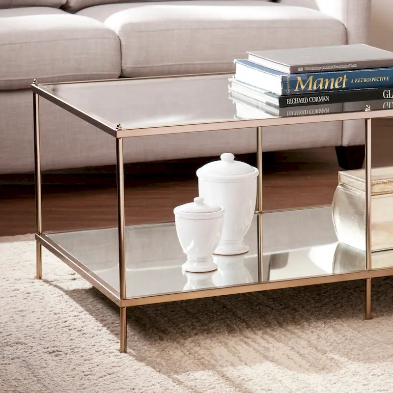 Rectangular Coffee Table - Gold, Glass Top with Mirrored Shelf, Multi-User