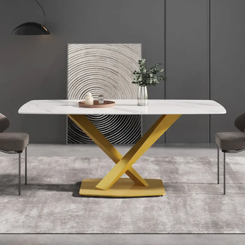 71  Modern Dining Table with Slate Stone Top and Metal Legs, Marble Dining Table