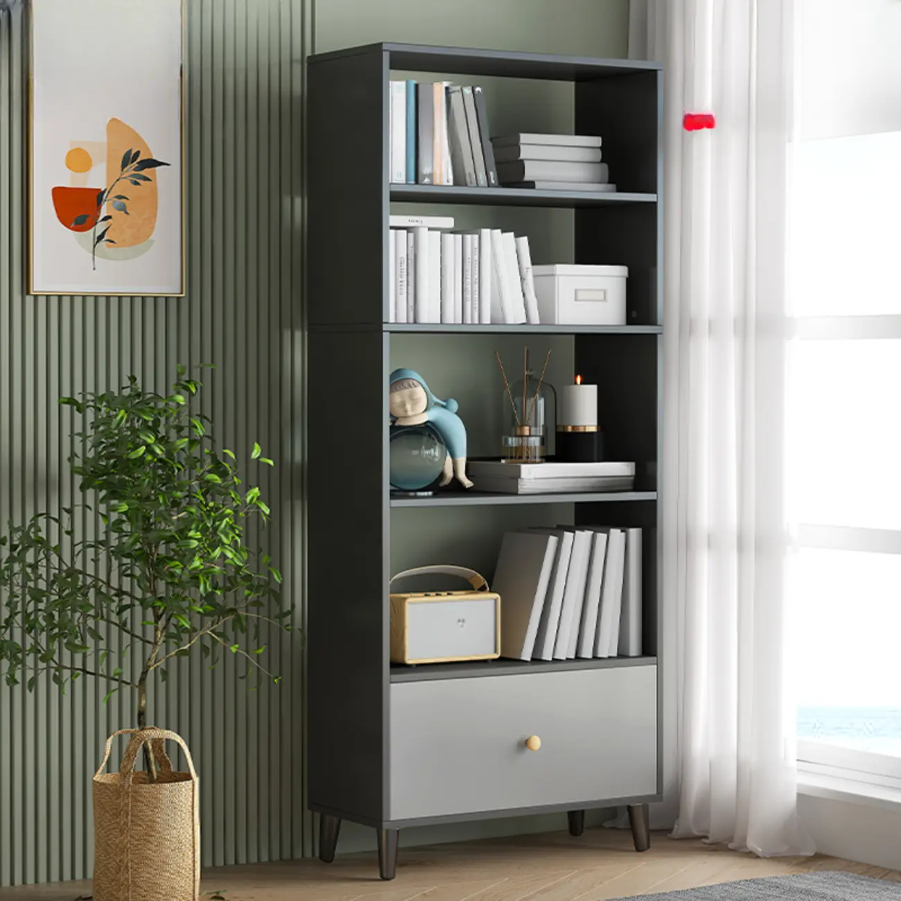 Tall Gray 4-Tier Open Back Wood Bookshelf with Drawer