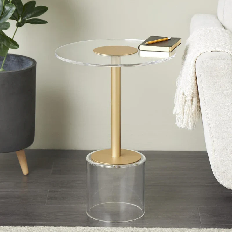 Clear Round Acrylic & Tempered Glass Accent Side Table with Matte Gold Metal Stand