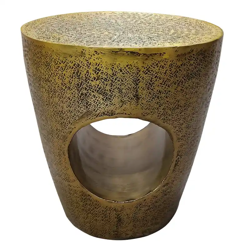 Antique Brass Aluminum Round Drum Side Table, 15.5