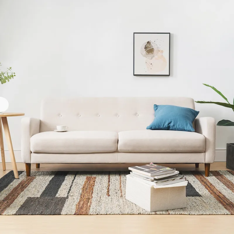 Modern Tufted Linen Sofa with Armrest Pockets
