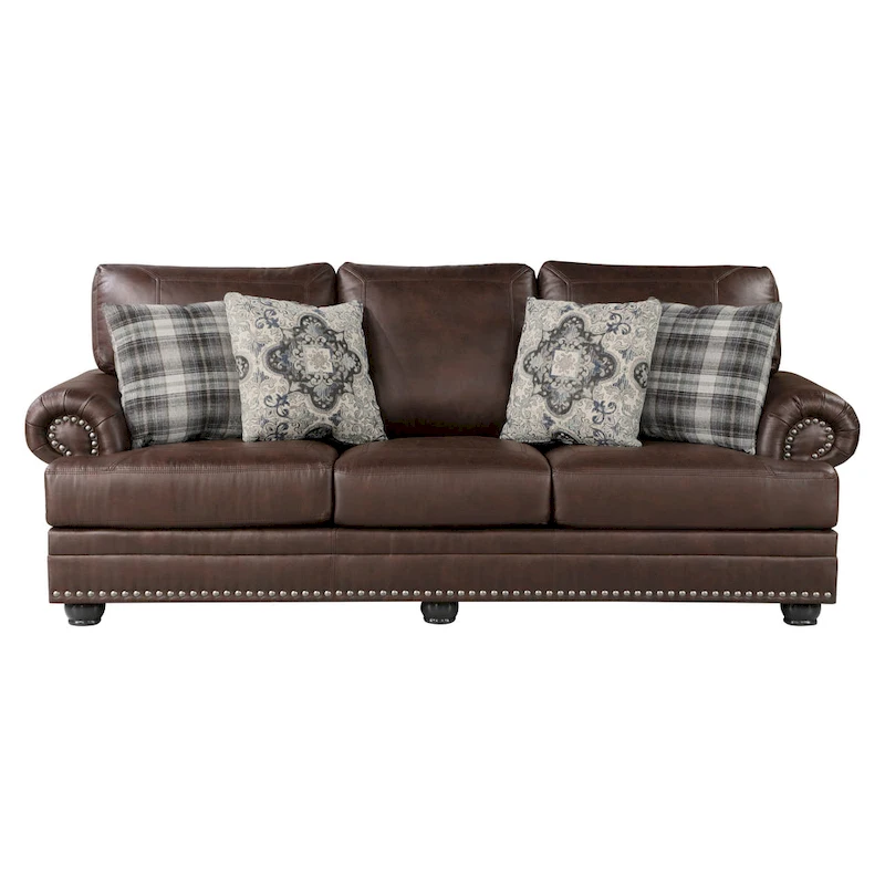 Jade 98 Inch Sofa, Rich Brown Microfiber, 4 Pillows, Soft Cushions, Wood