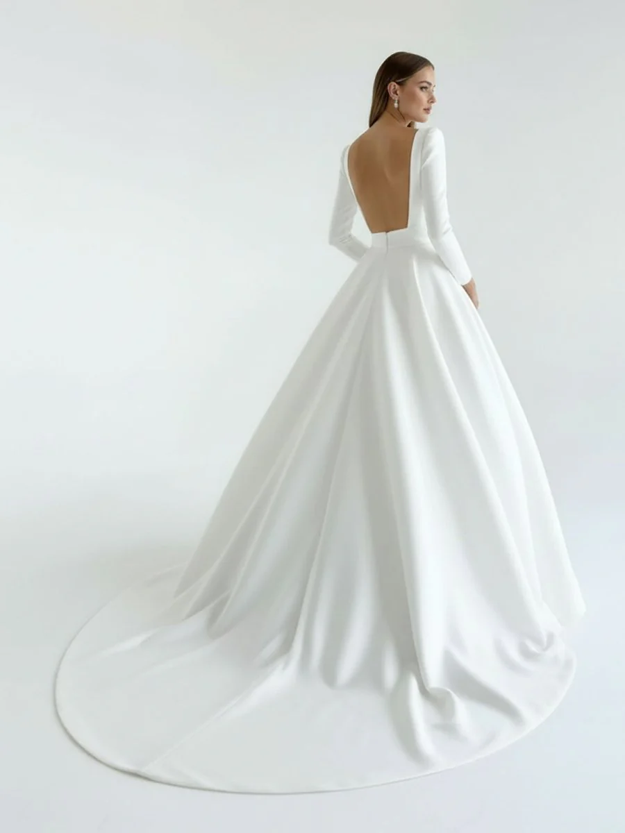 White Vintage A-Line Long Satin Bateau-Neck Wedding Dress