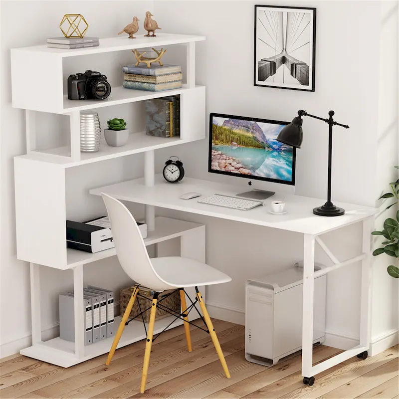 L-Shaped Rotating Computer Desk with Bookshelf