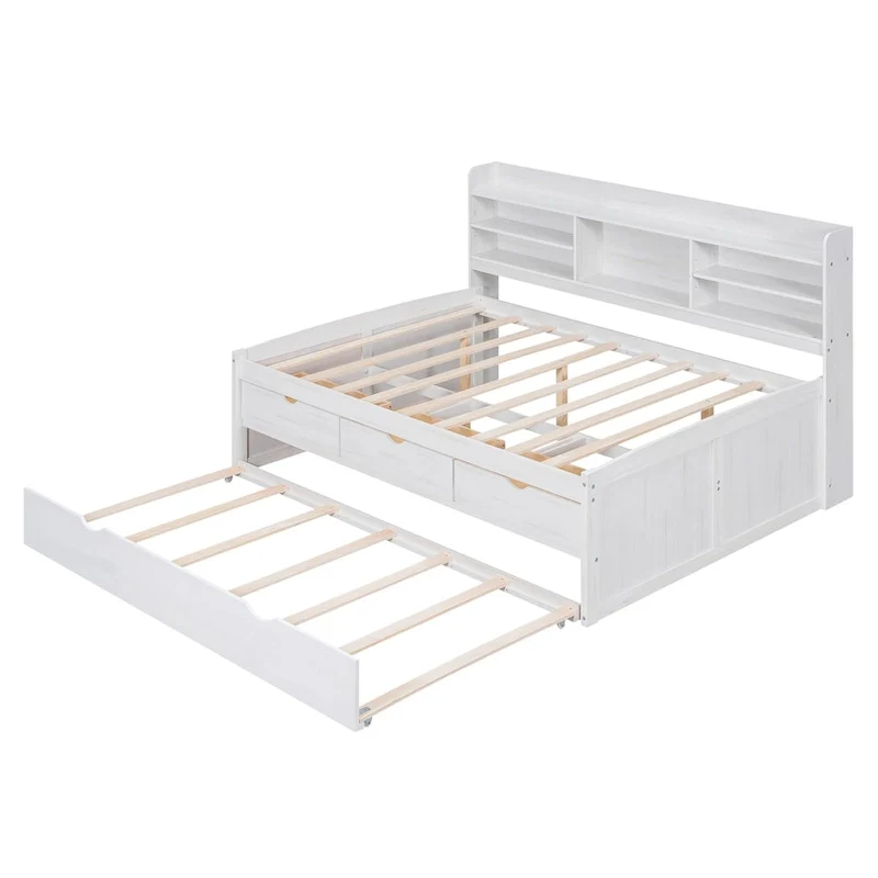 Full Size Captain Bed with Bookshelf Headboard, 3 Drawers & Trundle – White/Light Grey/Antique Gray – Sleeps 2
