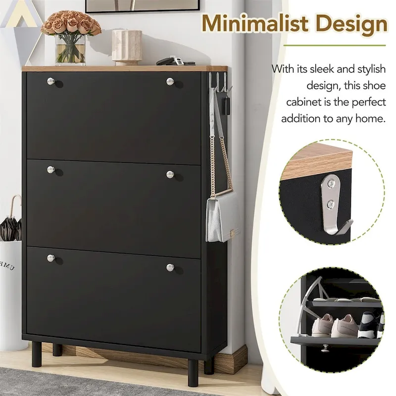 Narrow Design Shoe Cabinet with 3 Flip Drawers, 3 Hooks