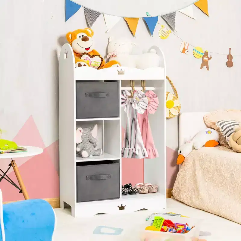 Costway Kids Dress up Storage Hanging Armoire Dresser Costume Closet w/Mirror & Toy Bins
