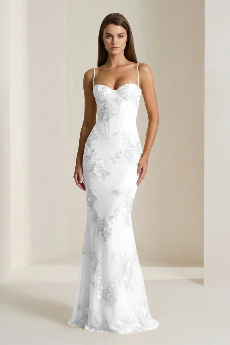 Yellow Spaghetti Straps Sheath Long Prom Dresses With Floral Embroidery