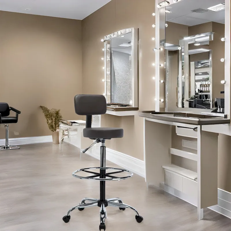 Height Adjustable Drafting Stool - With Premium Leather, Rolling Wheels