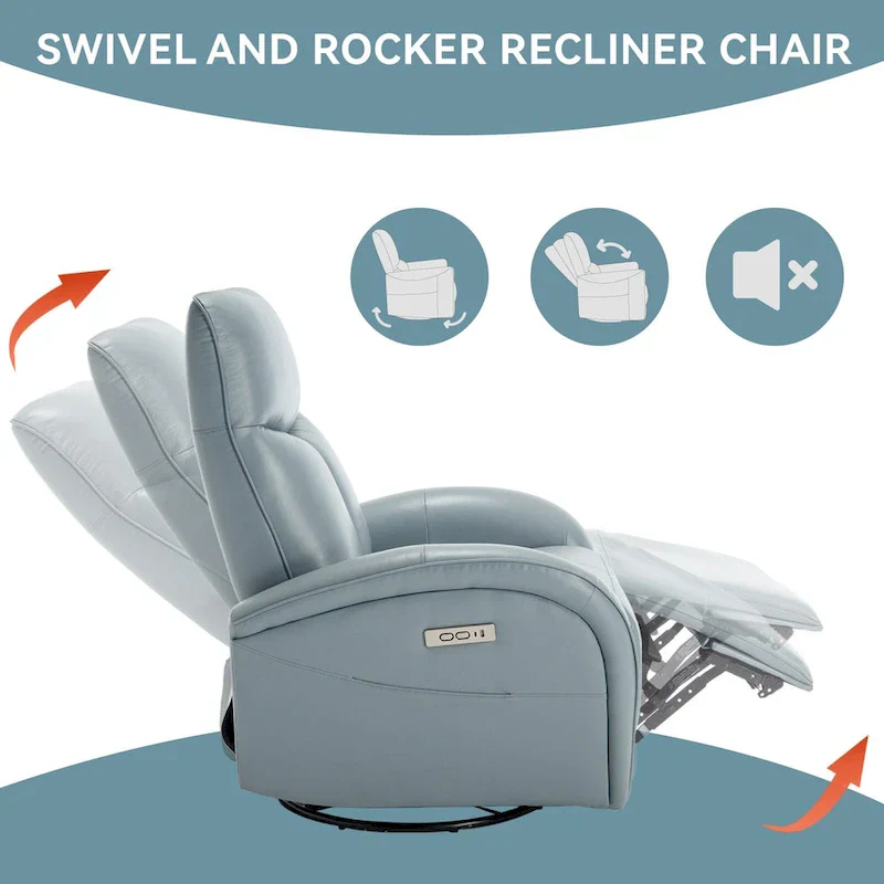 Blue Genuine Leather Power Recliner with Swivel & USB Charging