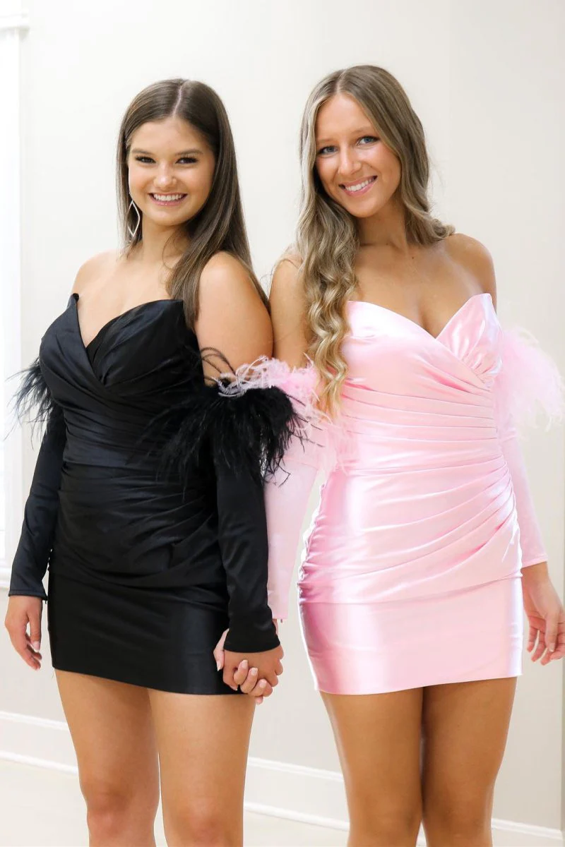 Sheath Satin Strapless Homecoming Dress with Long Sleeves