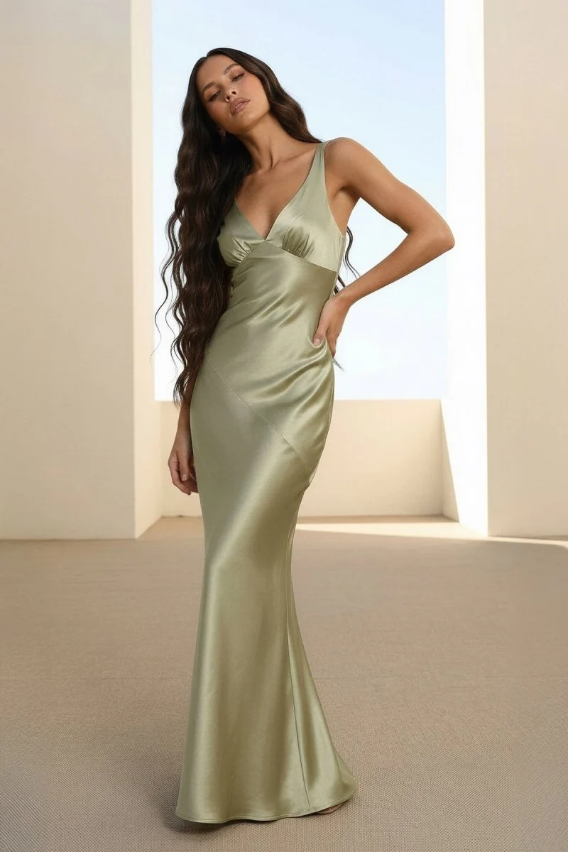 Sage V Neck Sheath Satin Open Back Long Prom Dresses